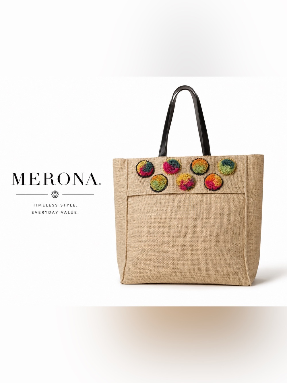 Merona Jute Tote Bag Pom Pom Boho Tote Natural Burlap Market Bag Beach Shopper
